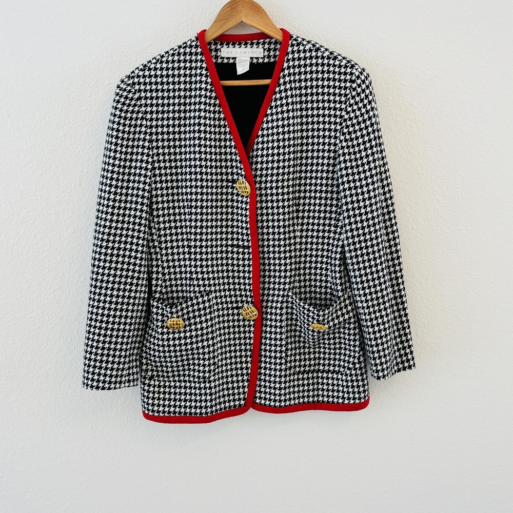 Vintage The Limited Houndstooth Blazer Womens M Black Red Gold Buttons Old Money